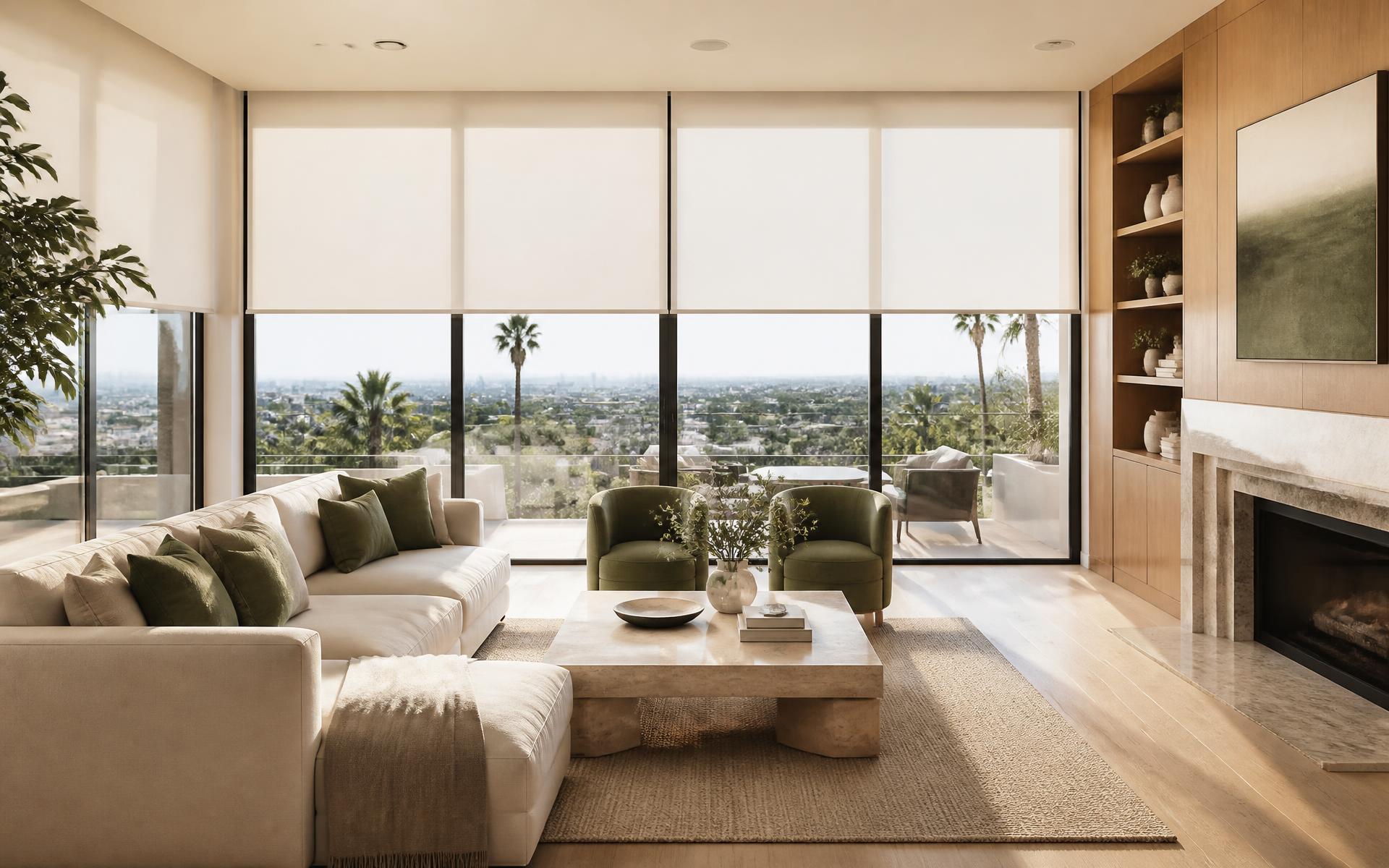 Modern Orange County living room with cream motorized roller shades and floor-to-ceiling windows